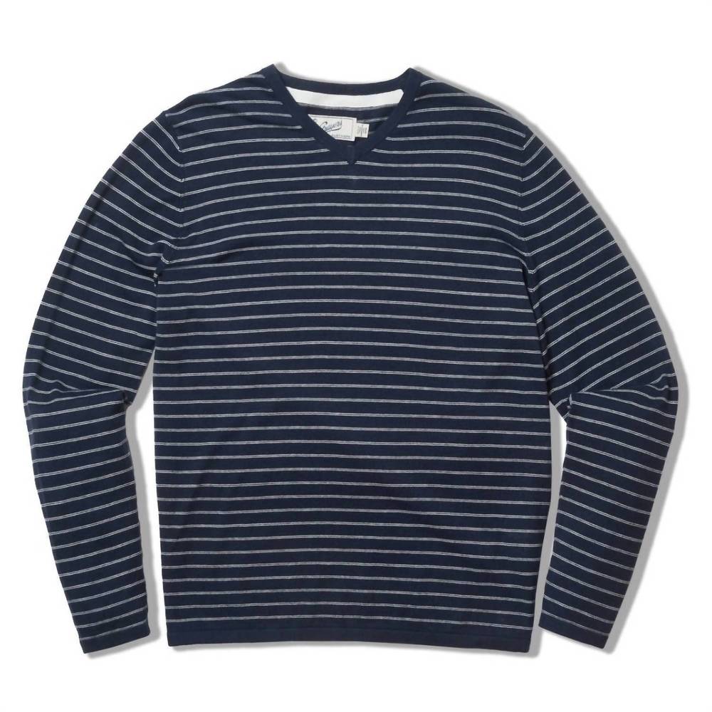 NEW GRAYERS men's stripe v neck cotton linen sweater in navy stripe